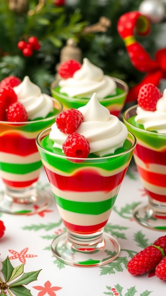Colorful Jello dessert cups layered with red and green Jello, topped with whipped cream and berries, on a festive table.